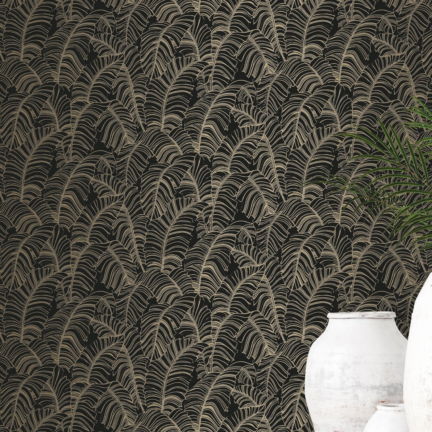 Bazaar Palm Leaves Wallpaper - Black / Gold - Galerie - G78301 - Premier Wallcovering