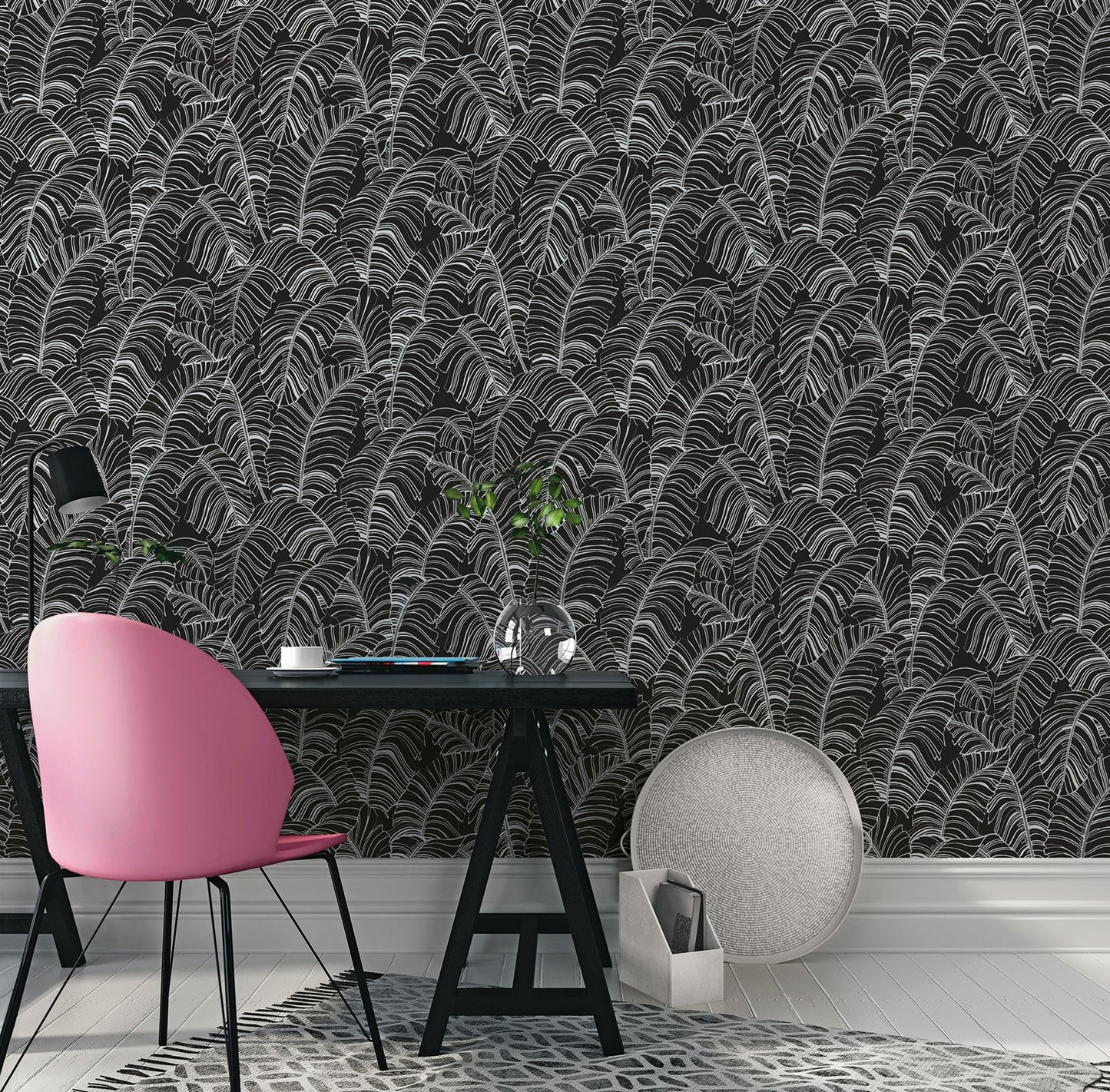 Bazaar Palm Leaves Wallpaper - Black / White - Galerie - G78297 - Premier Wallcovering