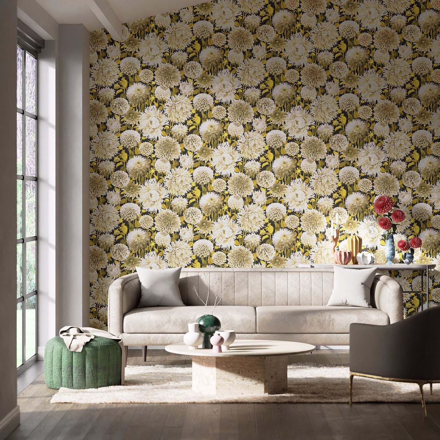 Dahlia Wallpaper - Fig Blossom/Nectar/Black Earth - Harlequin - HQN2112846