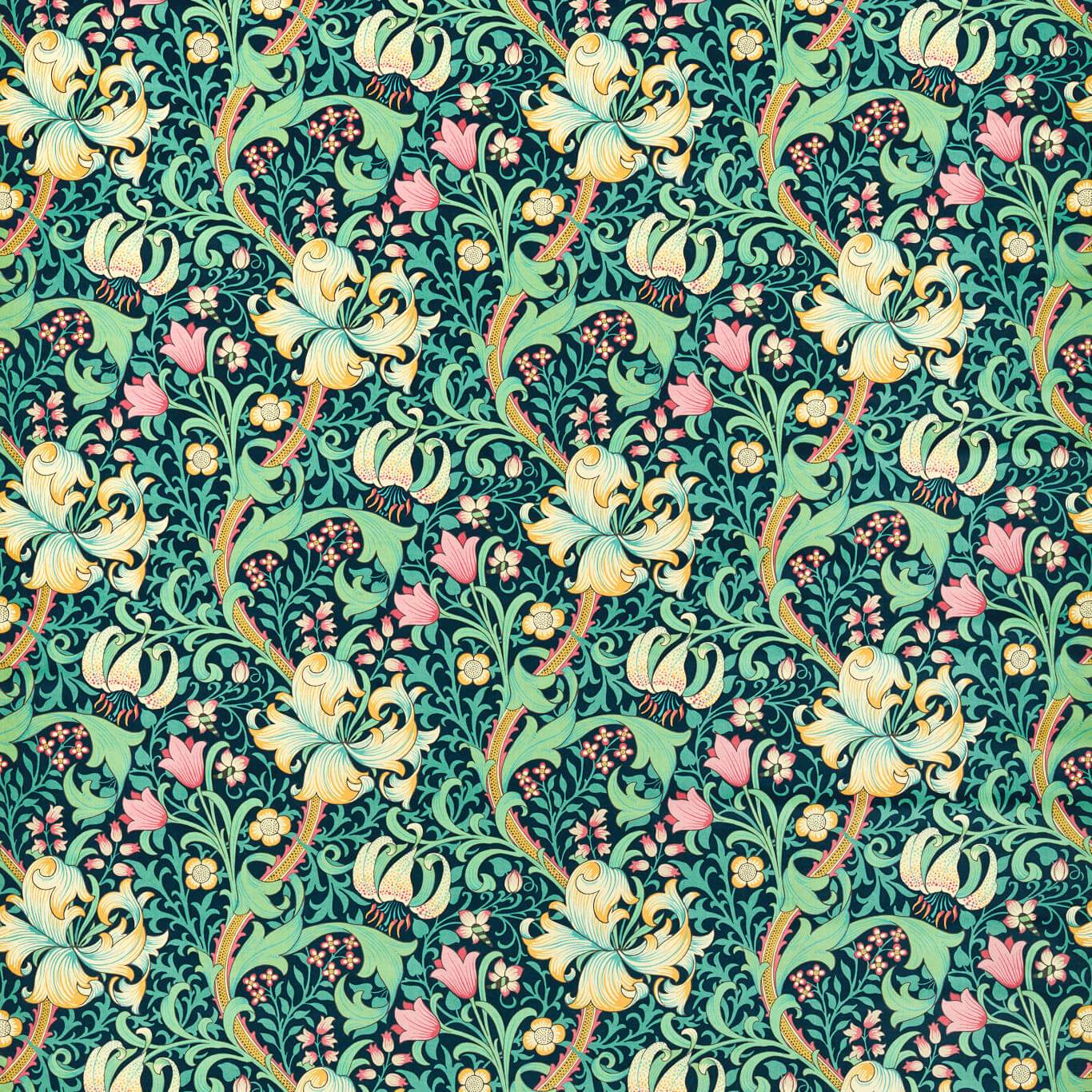 Golden Lily Velvet Fabric - Galactic Ink - Morris & Co - 520004 - Premier Wallcovering