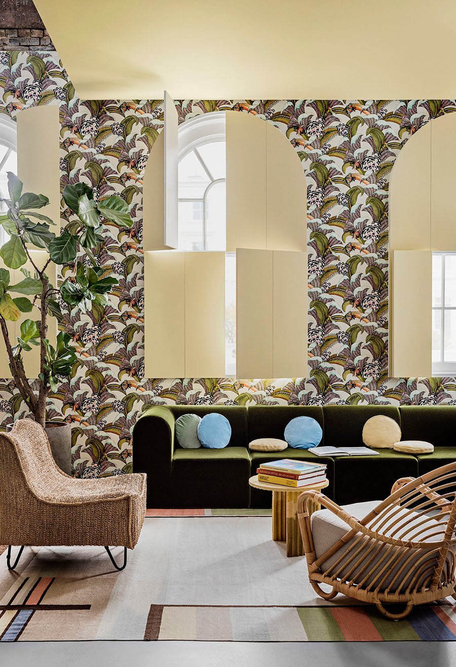 Hoopoe Leaves Wallpaper - Olive, Chartreuse & Fuchsia on Cream - 119/1001 - Cole & Son - Premier Wallcovering