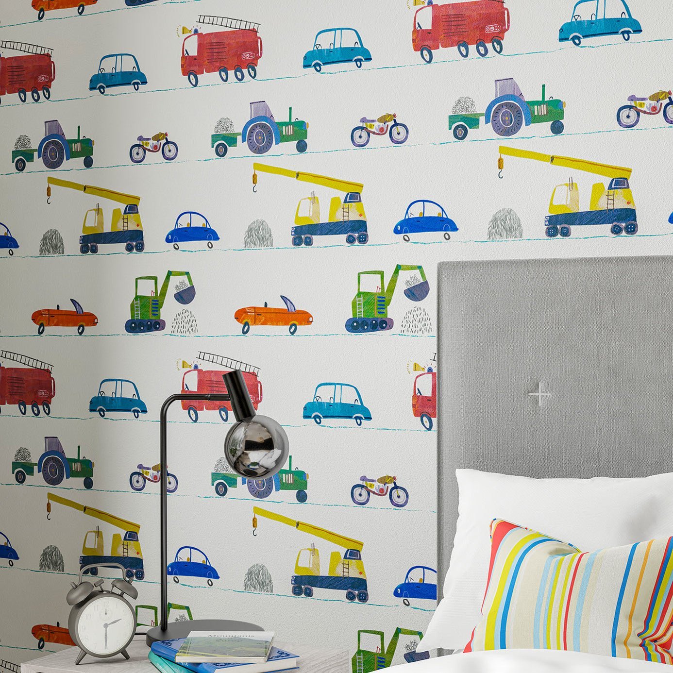 Just Keep Trucking Wallpaper - Tomato/Marine/Gecko - HLTF112643 - Harlequin