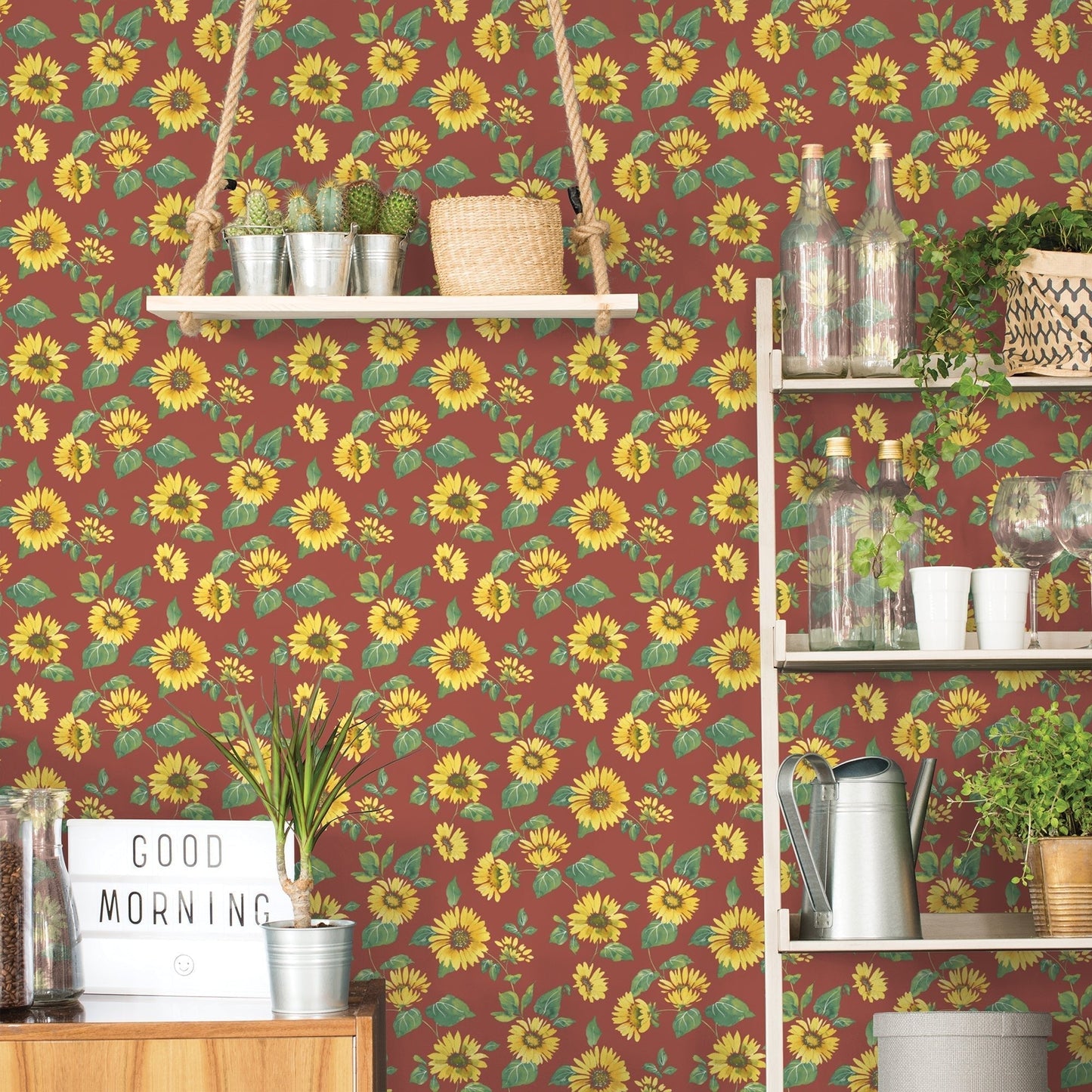 Just Kitchens Sunflower Trail Wallpaper - Red / Yellow - Galerie - G45459 - Premier Wallcovering