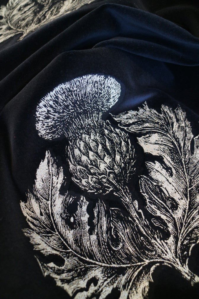 Little Thistle Velvet Fabric - Black & Pale Gold on Black - Timorous Beasties - LTHL/8702/07 - Premier Wallcovering