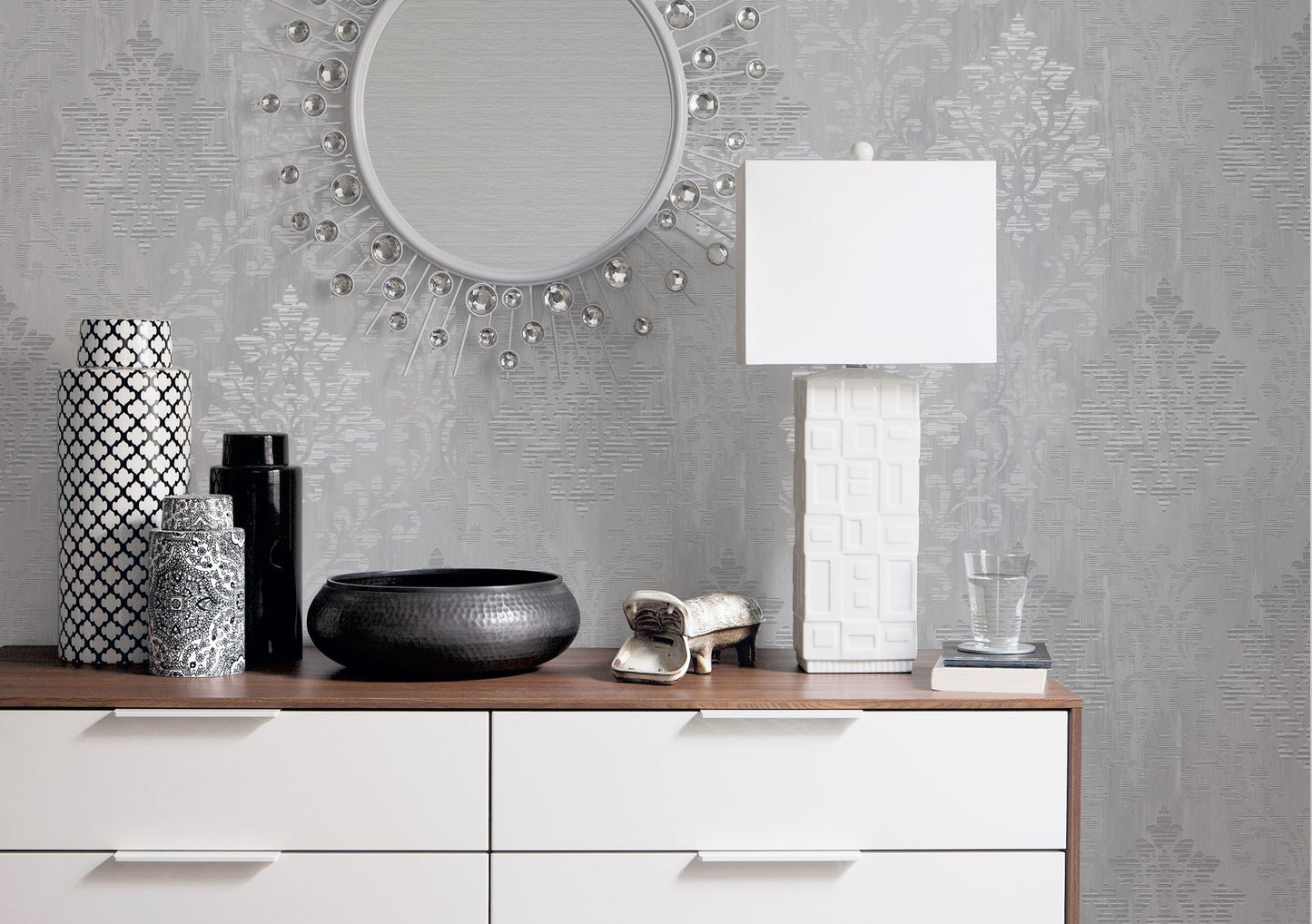 Metallic FX Rustic Damask Wallpaper - Silver - Galerie - W78181 - Premier Wallcovering