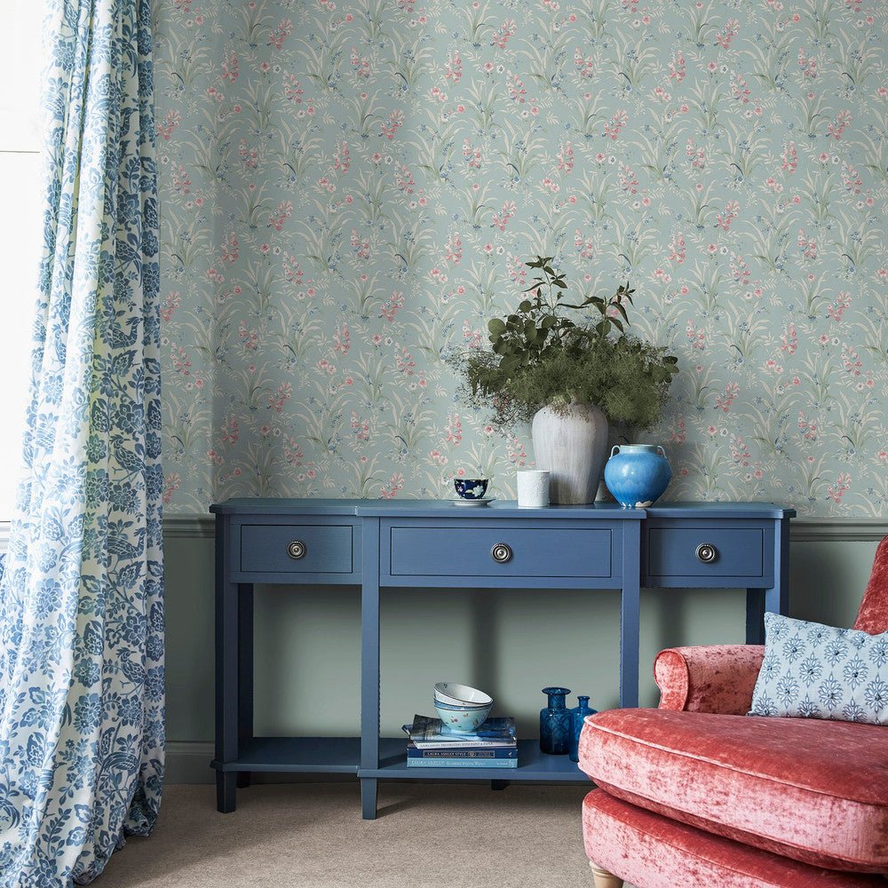 Mosedale Posy Wallpaper - Dark Duck Egg Blue - Laura Ashley - 122751 - Premier Wallcovering