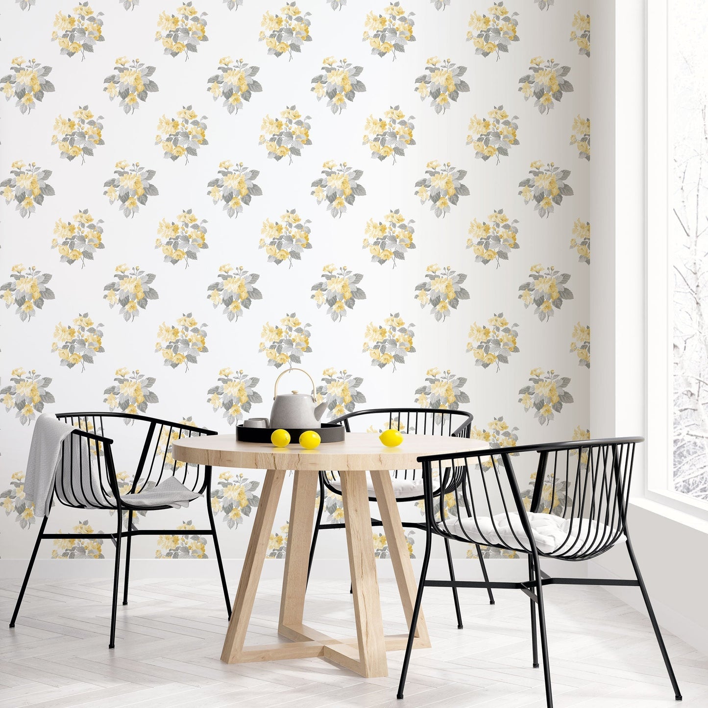 Secret Garden Classic Bouquet Wallpaper - Yellow / Grey / White - Galerie - G78502 - Premier Wallcovering