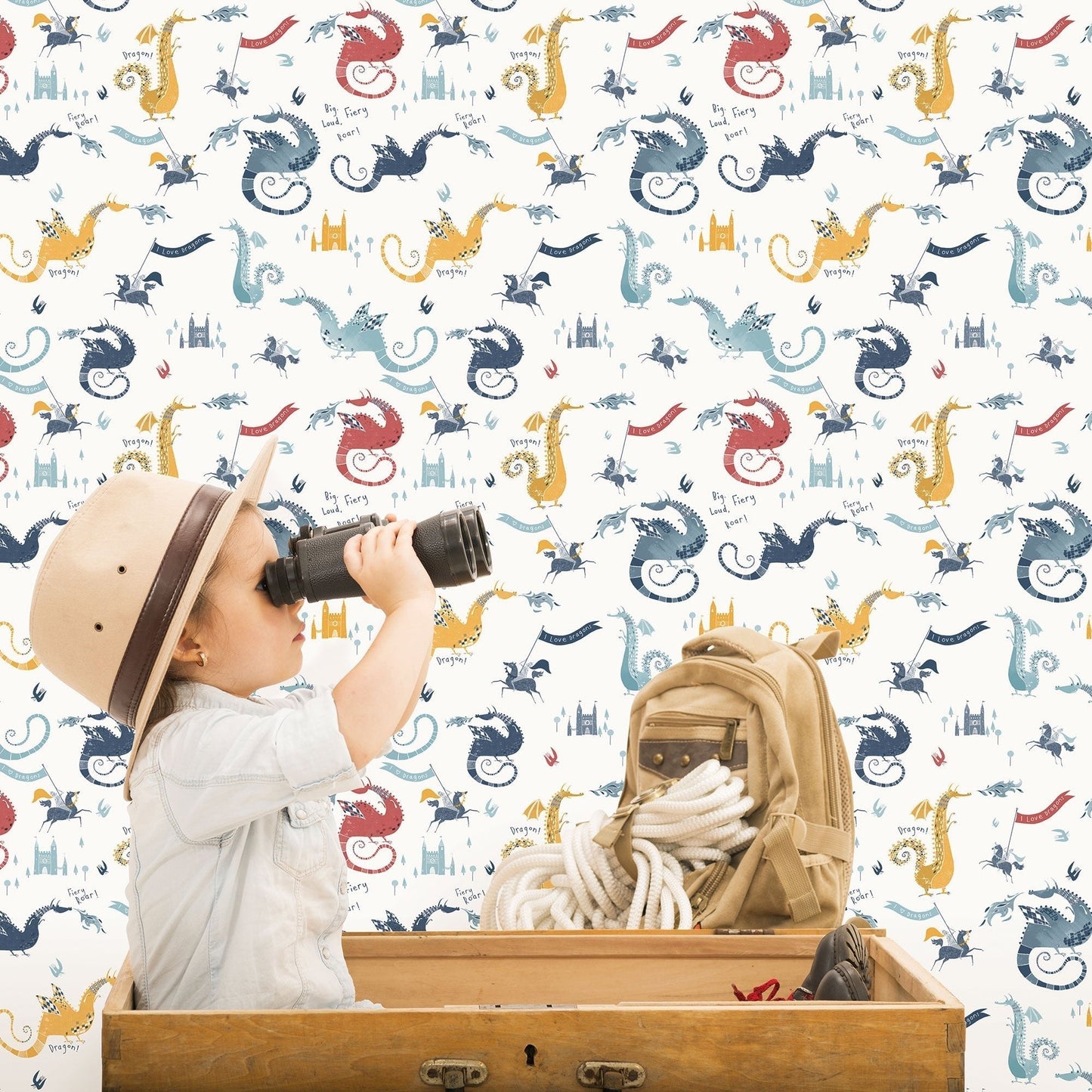 Tiny Tots 2 Dragons Wallpaper - Navy / Red / Yellow / Blue - Galerie - G78369 - Premier Wallcovering
