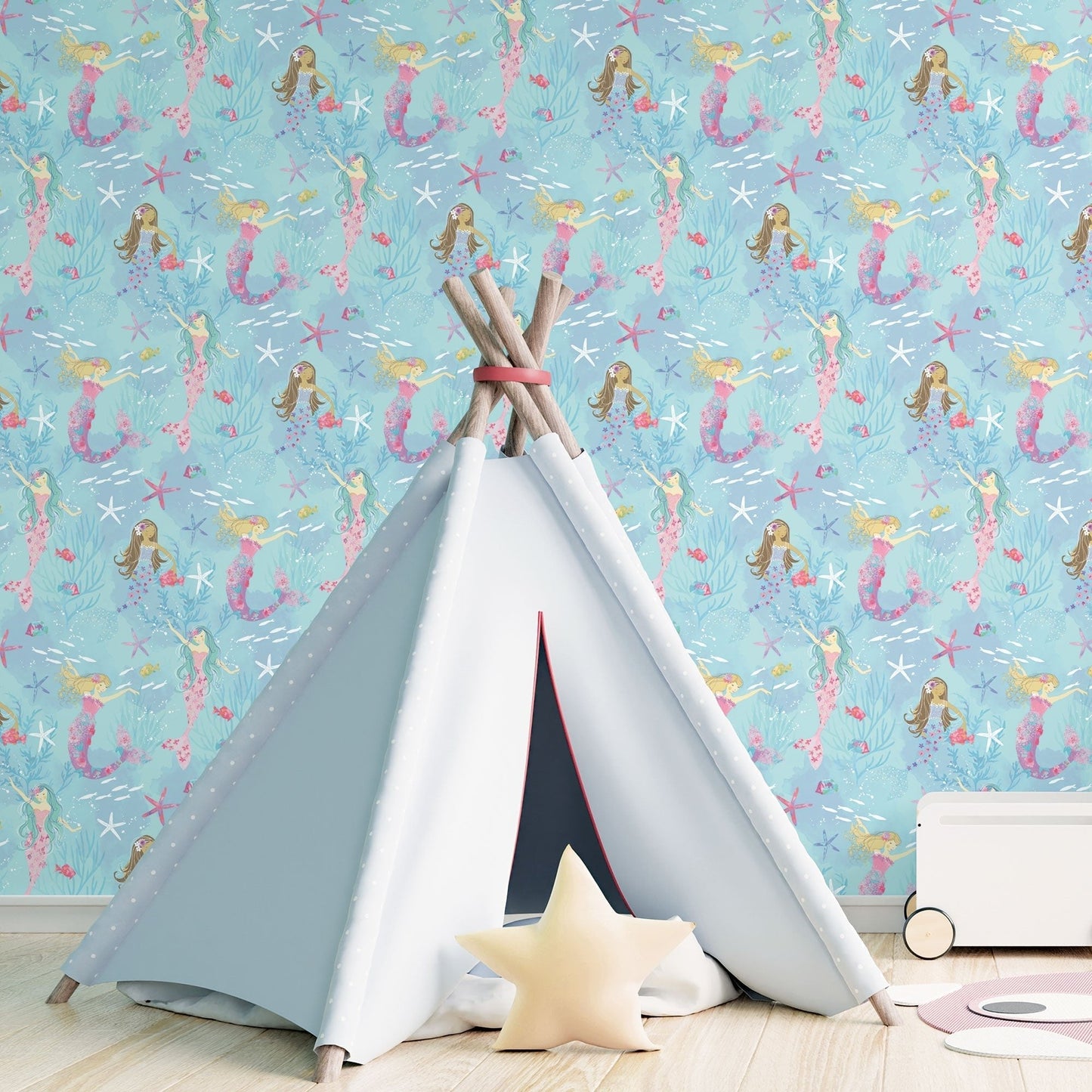 Tiny Tots 2 Mermaids Wallpaper - Turquoise / Hot Pink / Glitter - Galerie - G78392 - Premier Wallcovering