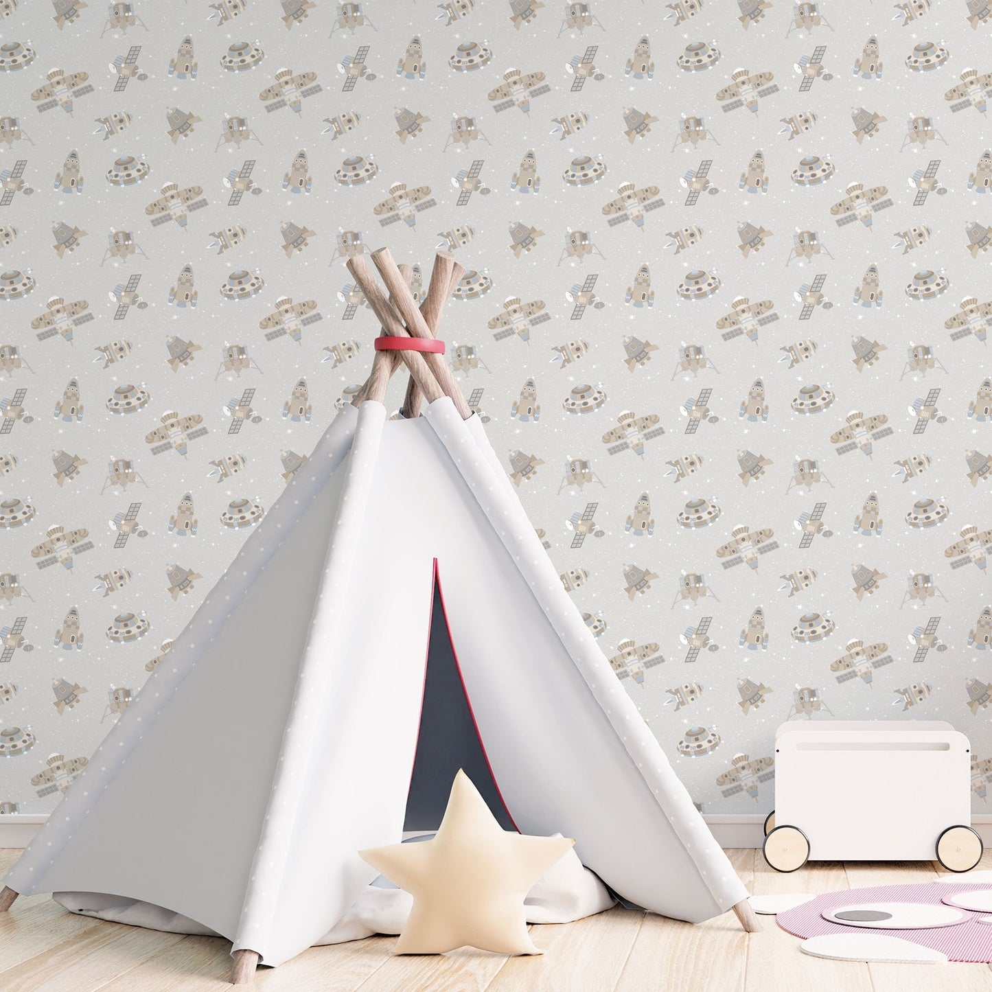 Tiny Tots 2 Spaceships Wallpaper - Greige / Tan / Glitter - Galerie - G78412 - Premier Wallcovering