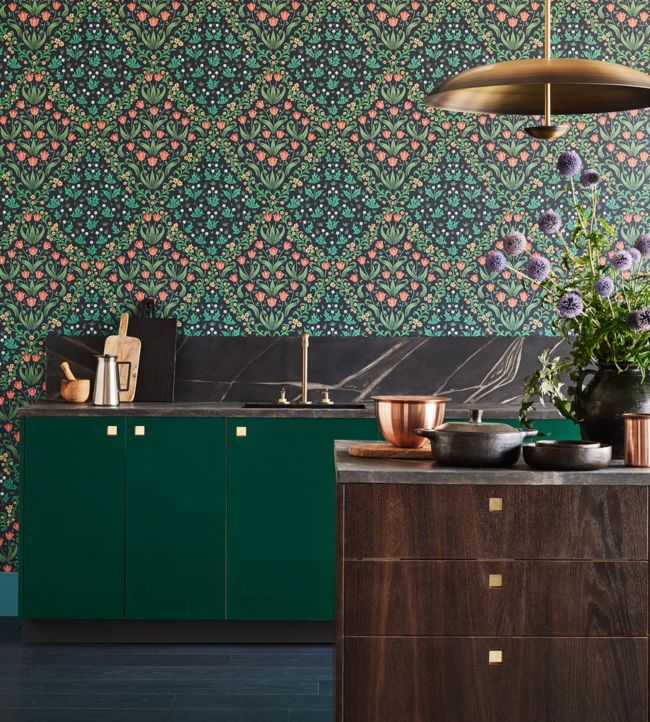 Tudor Garden Wallpaper - Rouge & Forest Green on Charcoal - 118/2002 - Cole & Son