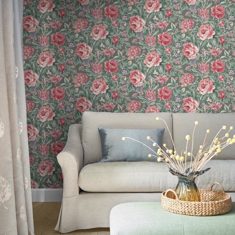 Wild Roses Wallpaper - Fern Green - Laura Ashley - 122754 - Premier Wallcovering