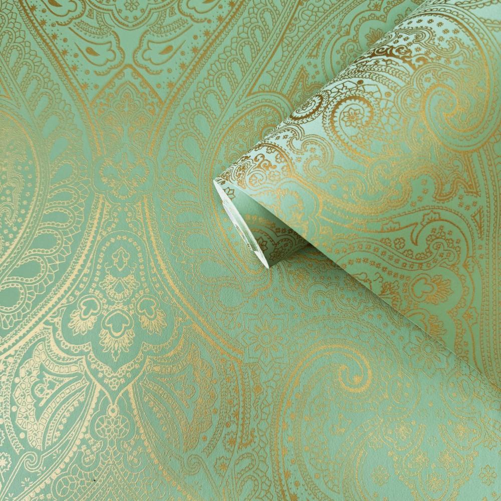 Zen Lace Wallpaper - Green / Rose Gold - Galerie - AM22002 - 4 - Premier Wallcovering