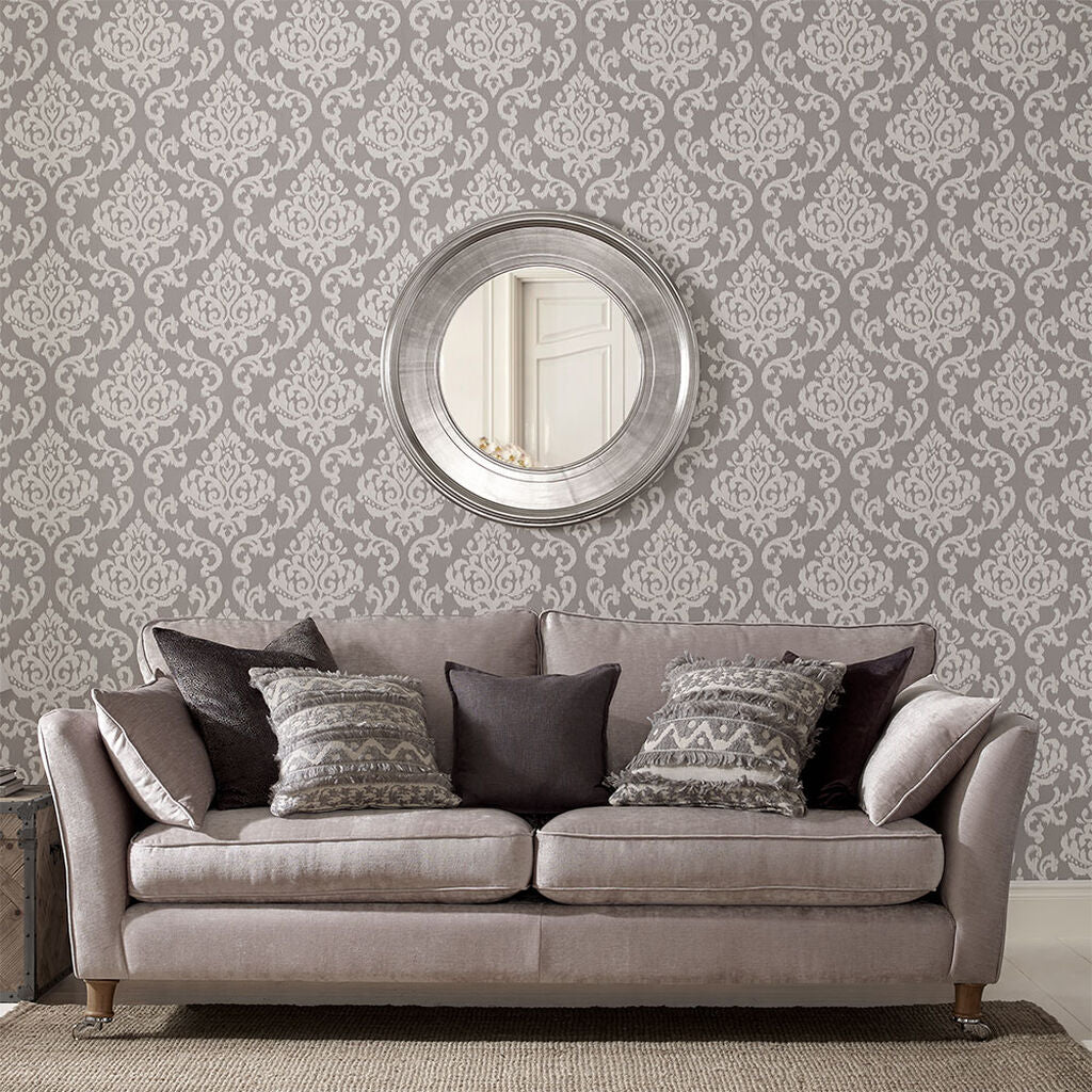 103928 - Indian Ink Damask Wallpaper - Grey Mist - Graham & Brown