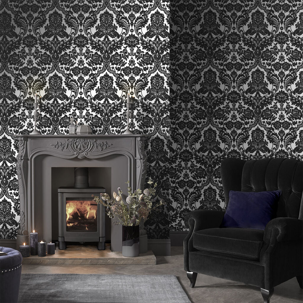 104562 - Gothic Damask Flock Wallpaper - Black Silver - Graham & Brown