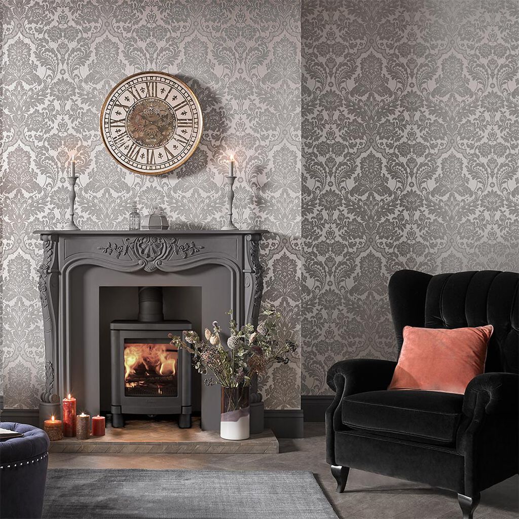104564 - Gothic Damask Flock Wallpaper - Grey Silver - Graham & Brown