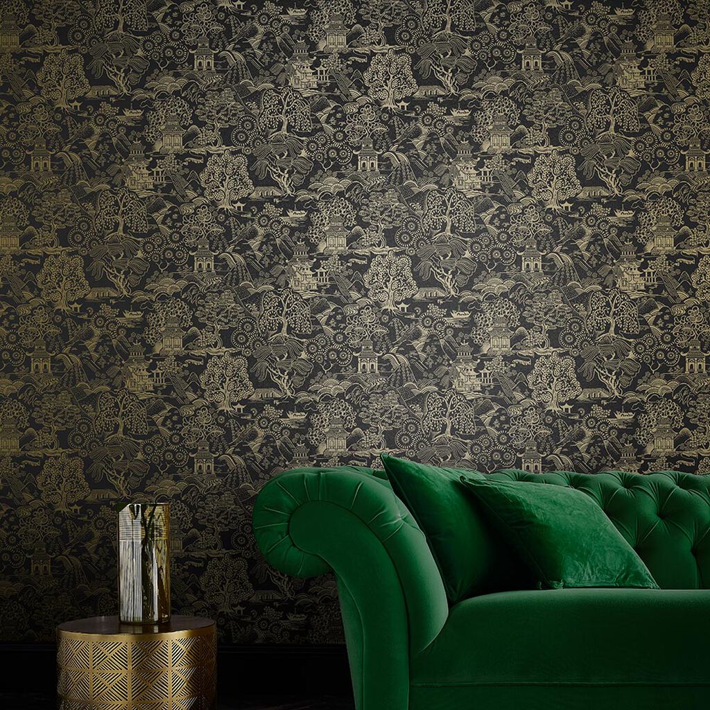 105929 - Basuto Wallpaper - Black Gold - Graham & Brown