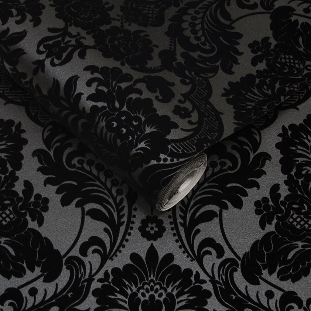Gothic Damask Room Wallpaper - Gray