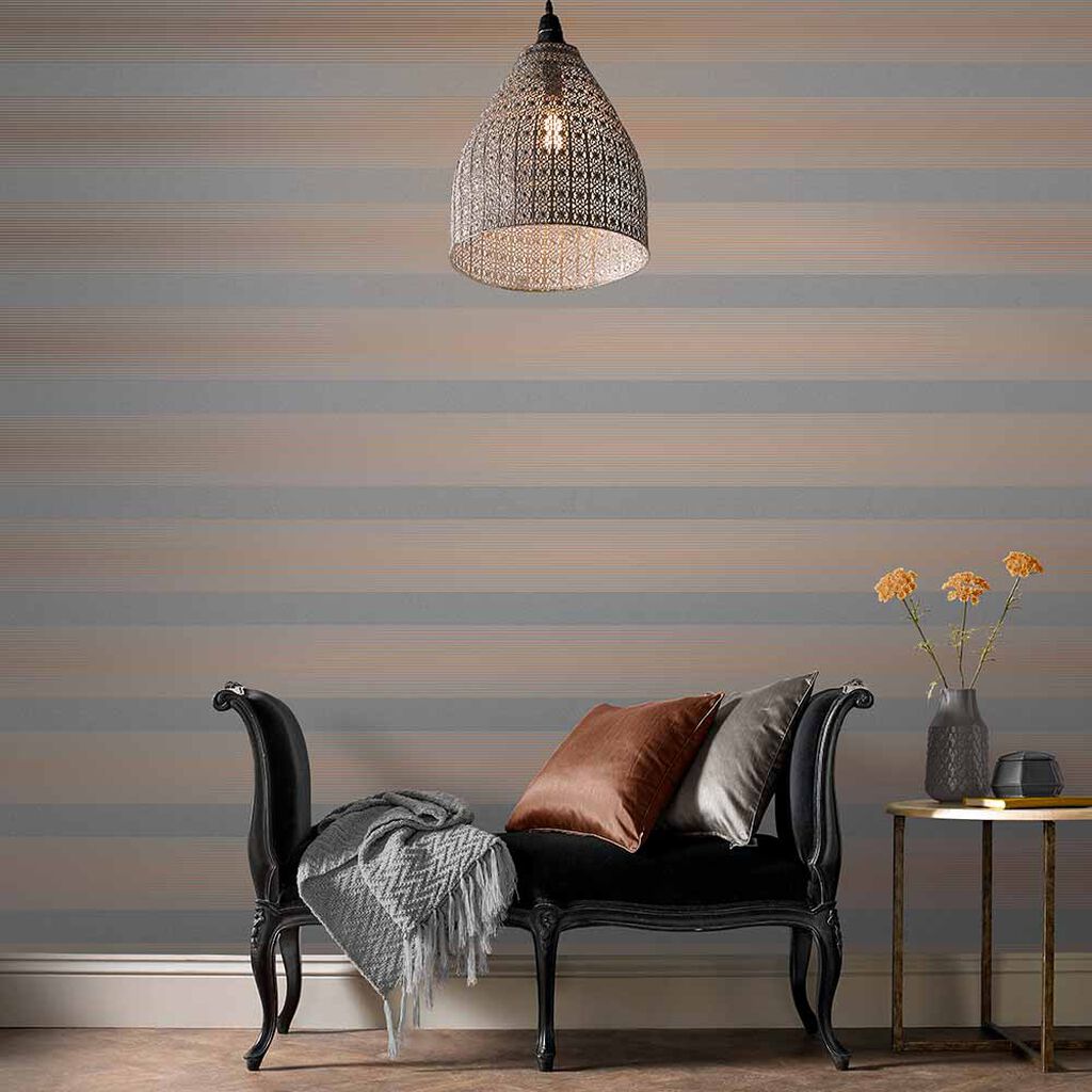 106766 - Lagom Stripe Wallpaper - Grey Rose Gold - Graham & Brown