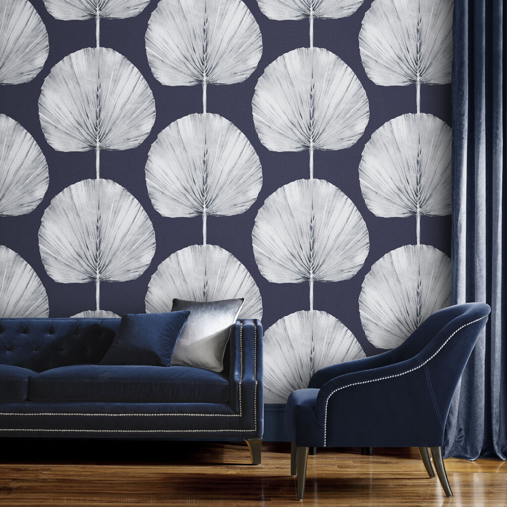 112195 - Palm Fan Wallpaper - Navy - Graham & Brown