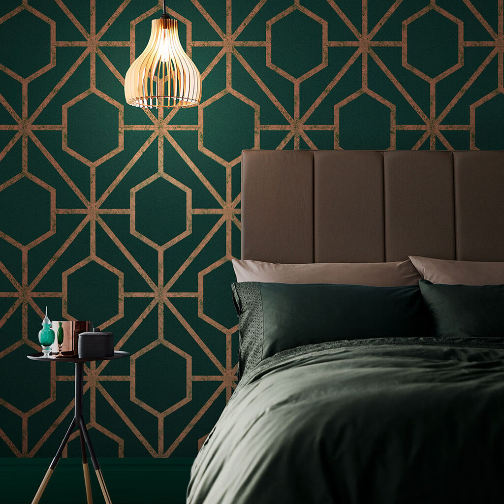 112198 - Rinku Wallpaper - Green & Copper - Graham & Brown