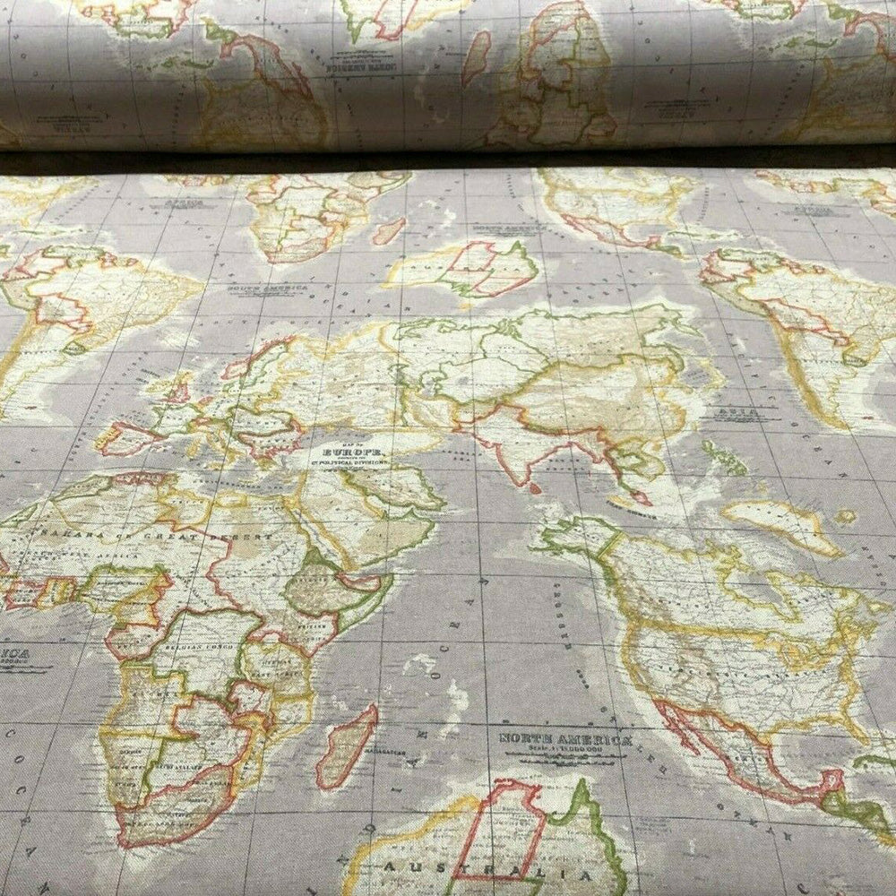 World Map Grey Room Fabric
