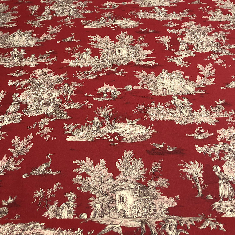 French Pastorale Toile Gold on Red Room Fabric