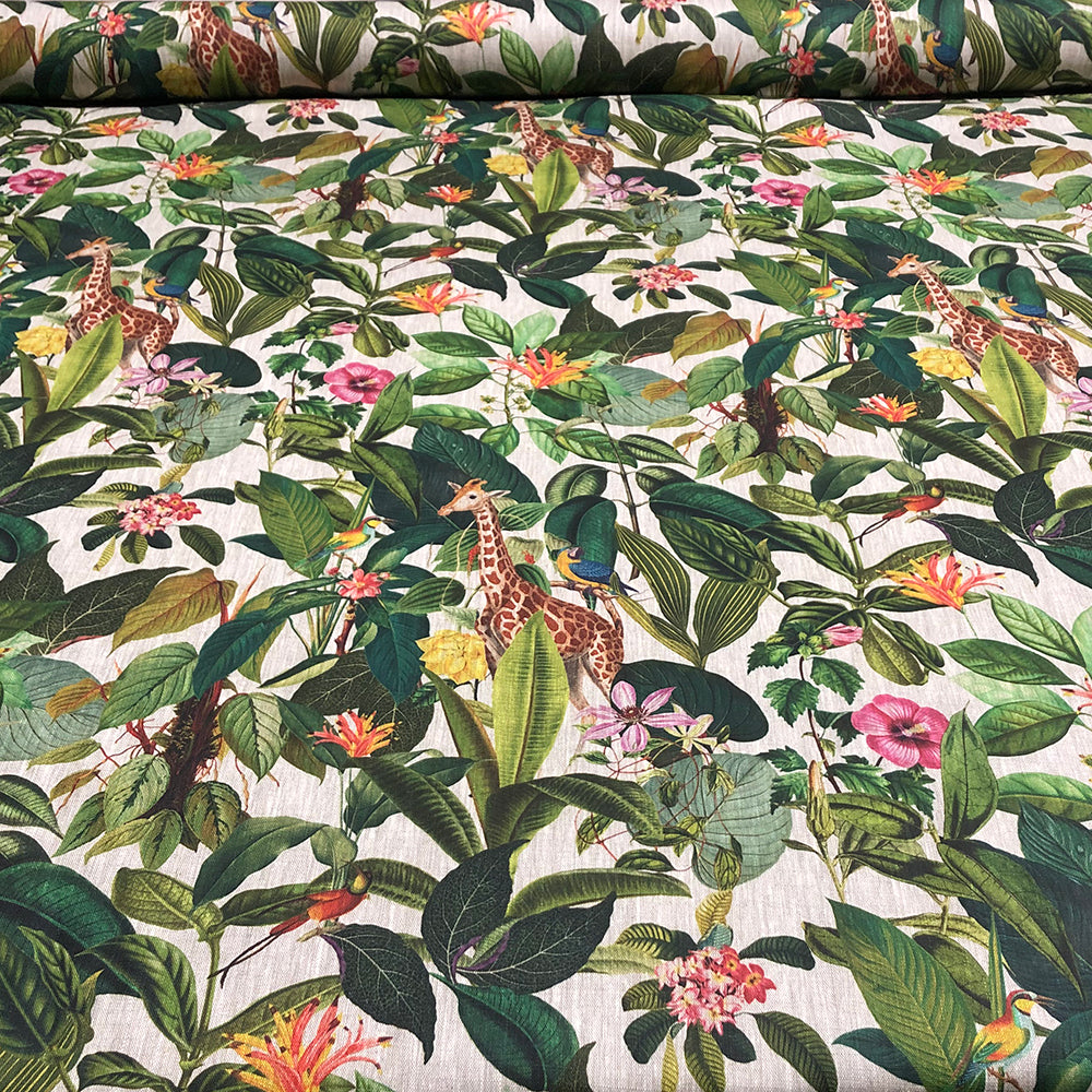 Exotic Giraffe 100% Linen Room Fabric - Green