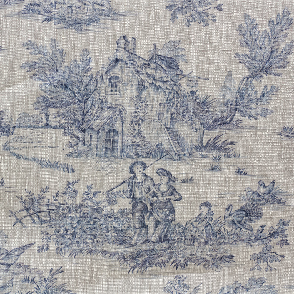 French Toile De Jouy Linen Blue Room Fabric