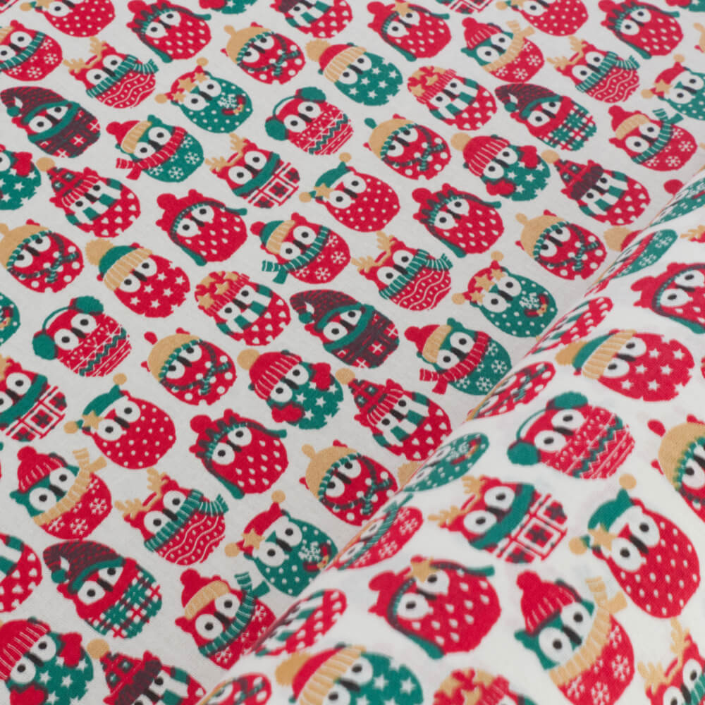 Christmas Comical Winter Owls Fabric 100% Cotton Fabric