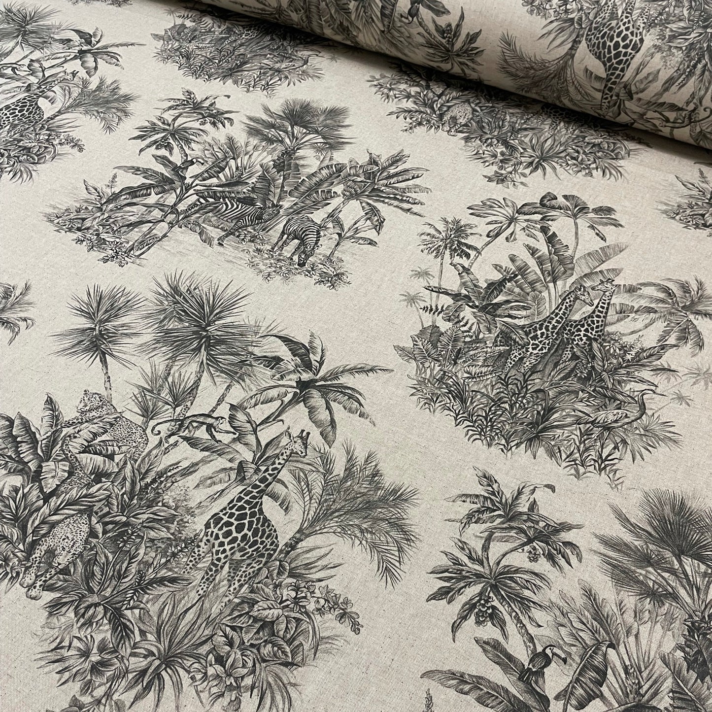 African Jungle Linen Double Width Room Fabric 3 - Gray