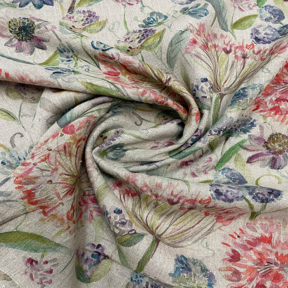 Voyage Hydrangea Pom Pom Stone Linen Room Fabric - Multicolor