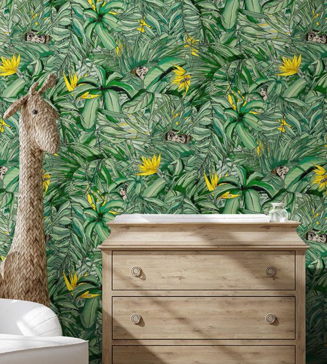 BMTD001-09B - Monkey Forest Wallpaper - Dark Green & Yellow - Brand McKenzie