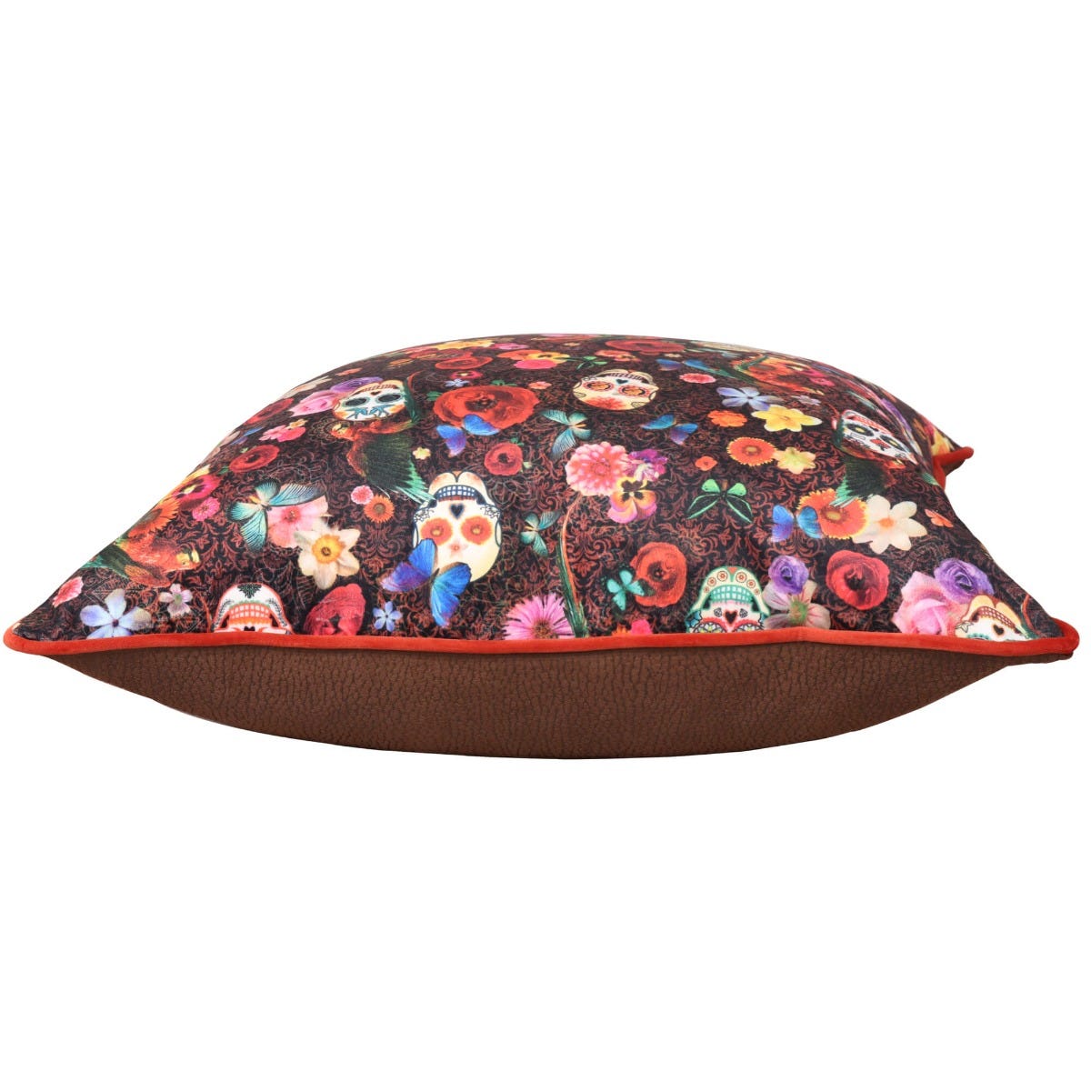 Skull Floral Velvet Side Cushion - Brown