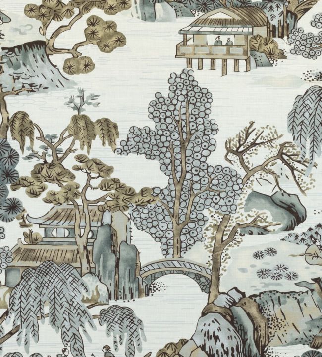 Asian Scenic Fabric - Gray