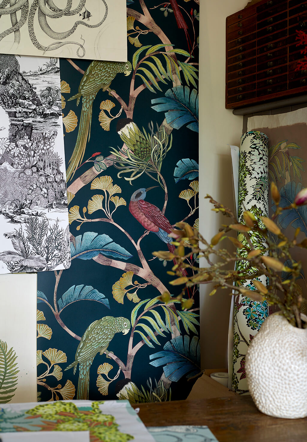 Living Branches Room Wallpaper | Dark Teal, Yellow and Olive