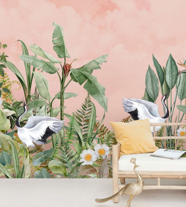 Dancing Crane Birds Room Mural - Green