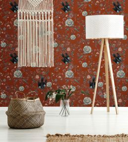 Black Bird Room Wallpaper - Red