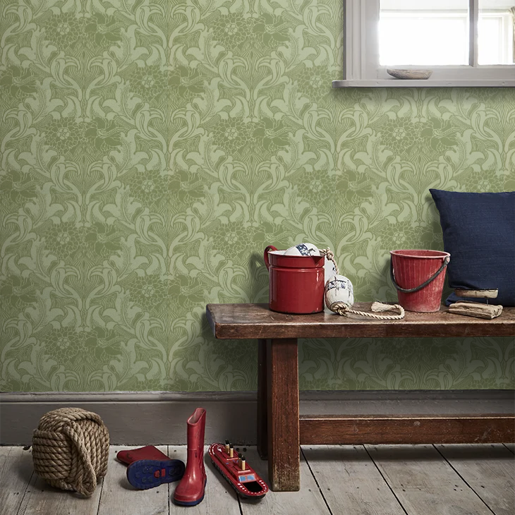 0263DAPEAGR - Dahlia Scroll Wallpaper - Pea Green - Little Greene