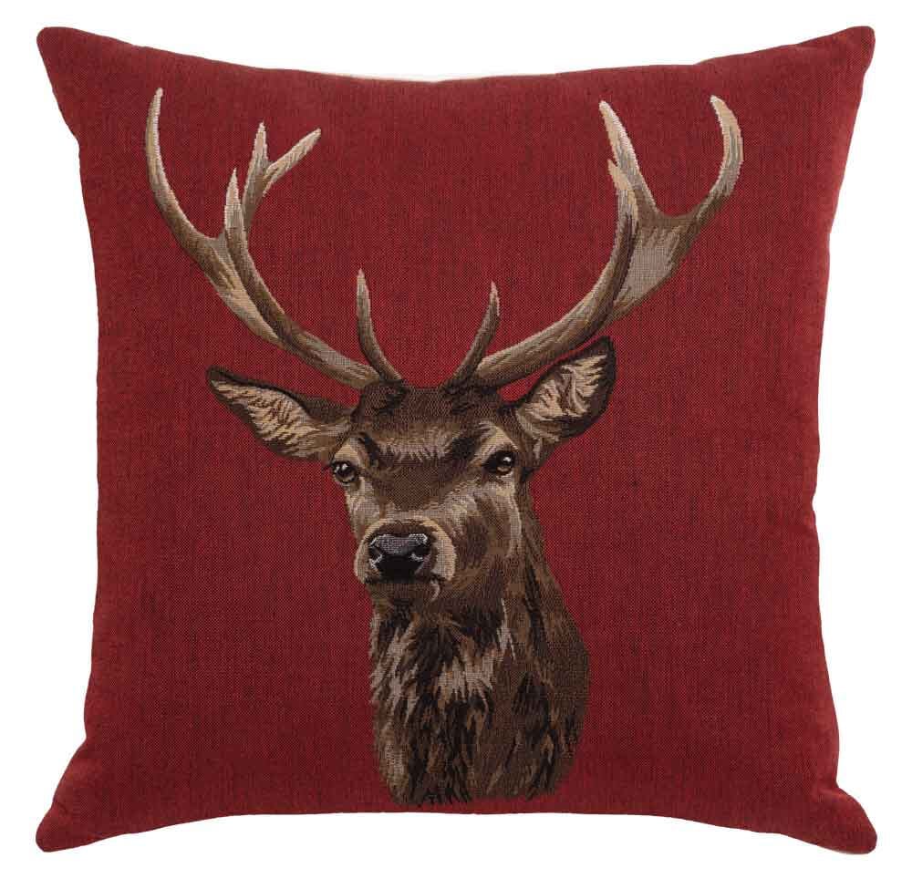 Stag on Red Regular Cushion with Feather Filler 