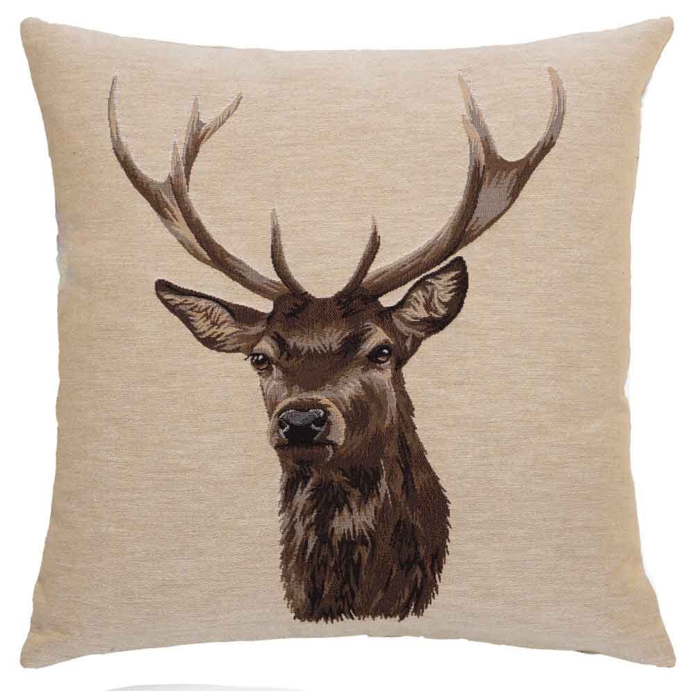 Stag on Beige Regular Cushion with Feather Filler 