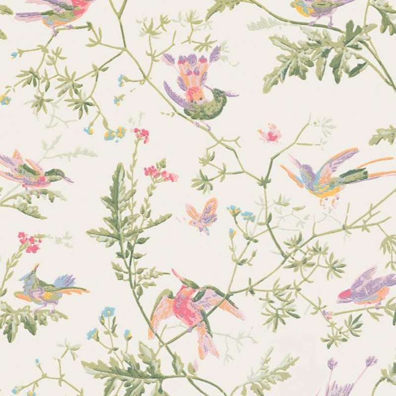 Hummingbirds Wallpaper - Soft Multi, Olive Green on White - 100/14067