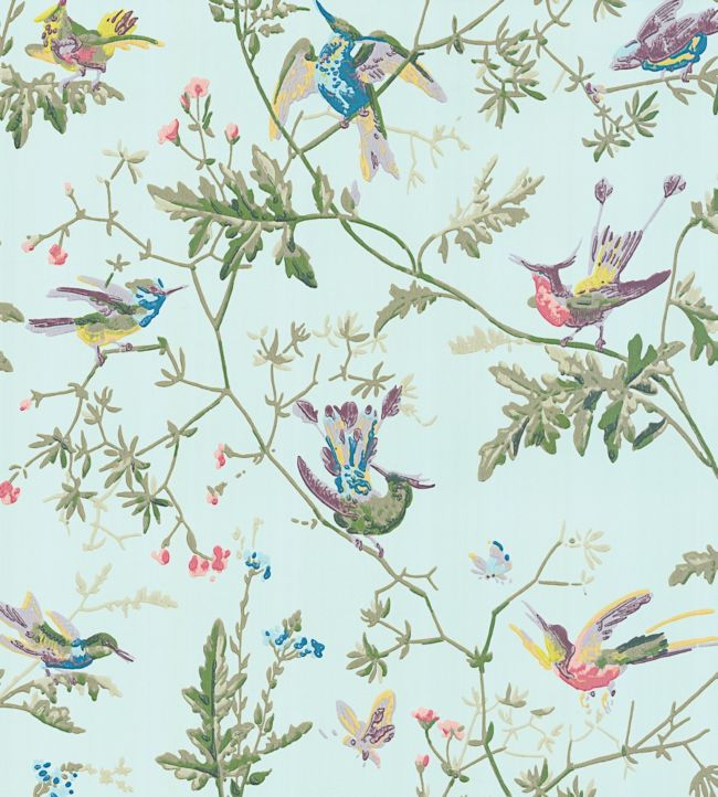 Hummingbirds Wallpaper - Multi, Old Olive on Duck Egg - 100/14069