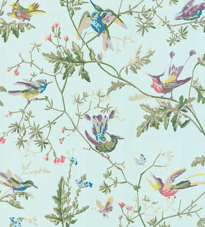 Hummingbirds Wallpaper - Multi, Old Olive on Duck Egg - 100/14069