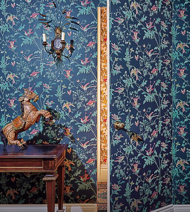 Hummingbirds Wallpaper - Multi, Old Olive on Duck Egg - 100/14069