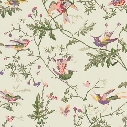 Hummingbirds Wallpaper - Multi, Old Olive on Eau Du Nil - 100/14070