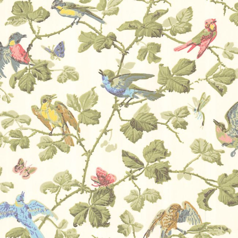 Winter Birds Wallpaper - Multi & Olive on White - 100/2006