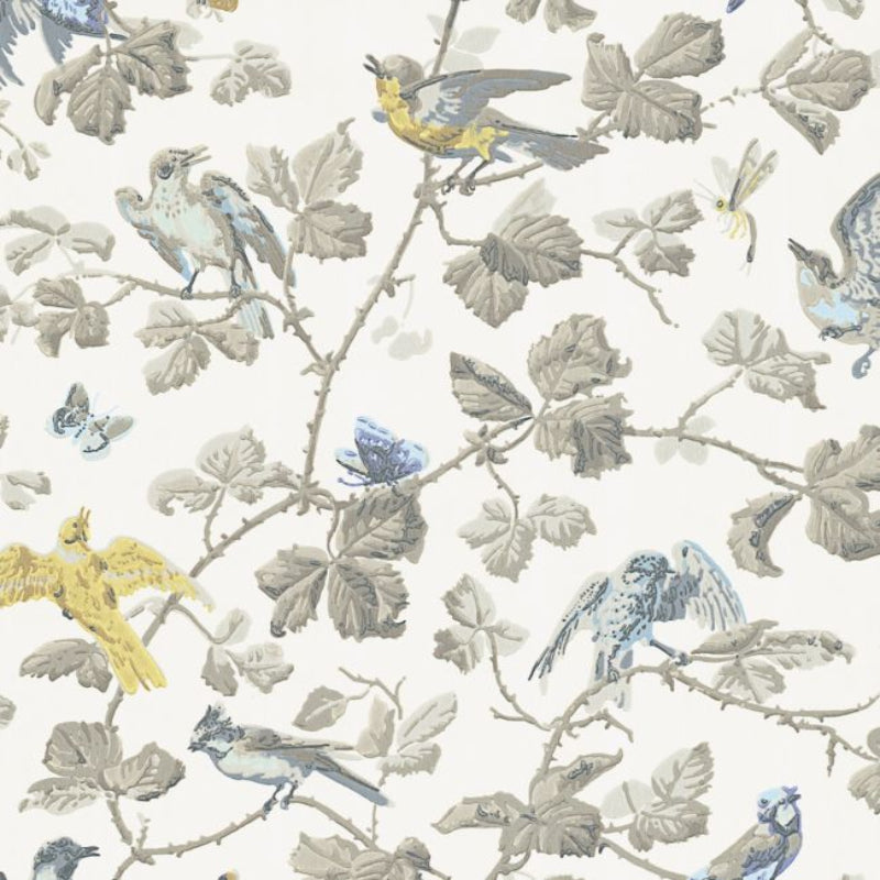 Winter Birds Wallpaper - Yellow & Stone on White - 100/2008