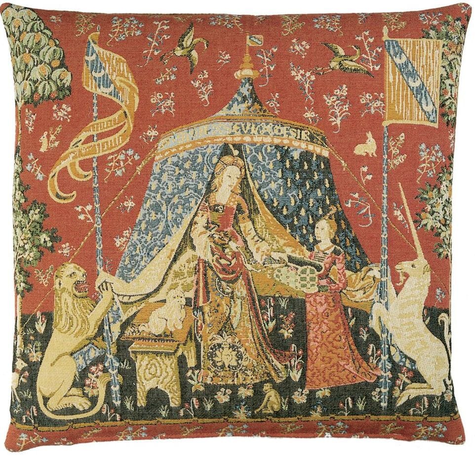 Lady with Unicorn Tent Tapestry Cushion with Feather Filler 