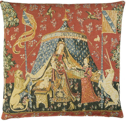 Lady with Unicorn Tent Tapestry Cushion with Feather Filler 